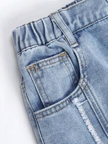 女童浅蓝色牛仔半身裙，3/4松紧腰带，拉链闭合，拼接设计，毛边A字裙摆。新品上市，复古休闲舒适，日常、街头、旅行、校园必备！ - 藍色 - 查看 8