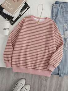 Resyla Korean Style Fashionable Versatile Colorful Striped Pattern Sweatshirt, Suitable For Outerwear, Photography, Camping, Autumn, Winter, Back To School, Women's Regular Crew Neck