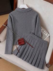 Franclia Plus Size Women's New Winter & Spring Wool Blend Jacket & Pleated Skirt 2 Piece Set, Elegant Romantic Outfit For Business Casual Wear Work Clothes Women Set Skirt Suit Grey Two Piece Set Blazer Skirt Set Tweed Two Piece Set - Dark Grey - View 2