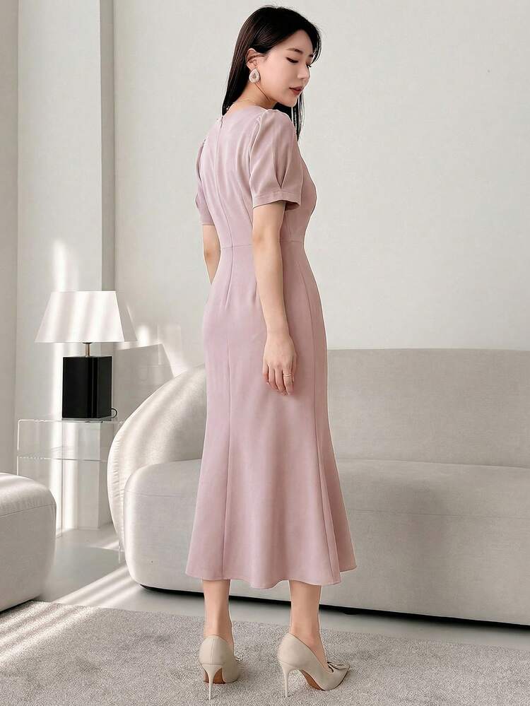Women's Elegant Solid Color Square Neck Puff Sleeve Fishtail Midi Dress, Summer Wedding Guest Dress Sundress