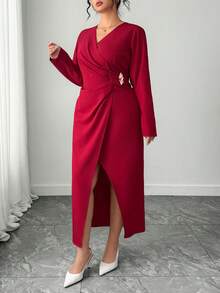 Elenzga Elegantes Wickelkleid in Große Größen für Damen mit V-Ausschnitt, Langarm und Schlitz in Unifarbe mit Raffung - Bordeaux - Übersicht 3