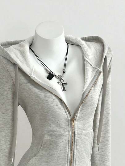 Elamini Åtsittande vintage-stil stickad elastisk huva med termofodrad långärmad ficktröja för kvinnor