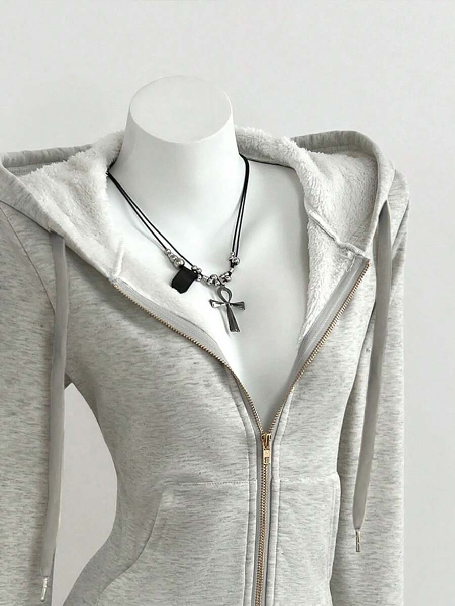 Elamini Fitted Vintage-Style Knit Elastic Hooded Thermal Lined Long Sleeve Pocket Sweatshirt For Women