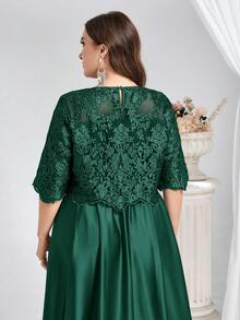 Reflora Vestido elegante de encaje de unicolor con cuello redondo y manga corta para tallas grandes - Verde - View 13