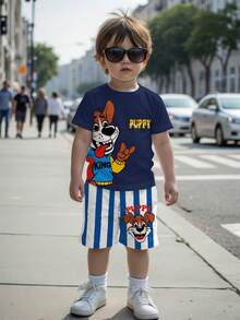 2pcs/Set Young Boy Casual Cute Cartoon Puppy Print Round Neck Short Sleeve T-Shirt And Striped Puppy Print Shorts, Suitable For Summer - Multicolor - View 2
