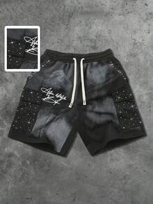 ROMWE MEN Street Life 男士街头风格美式印花装饰工装口袋短裤 - 黑色 - 查看 1