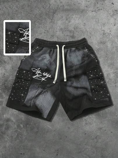 Street Life Men's Street Style American Rhinestone Printed Embellished Cargo Pocket Shorts