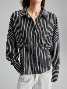 Ontre Women's Black And White Checkered Autumn Chic Office Long Sleeve Woven Shirt,Mandarin Collar Button Pleated Waist-Cinched Striped Minimalist Blouse - Black - View 3