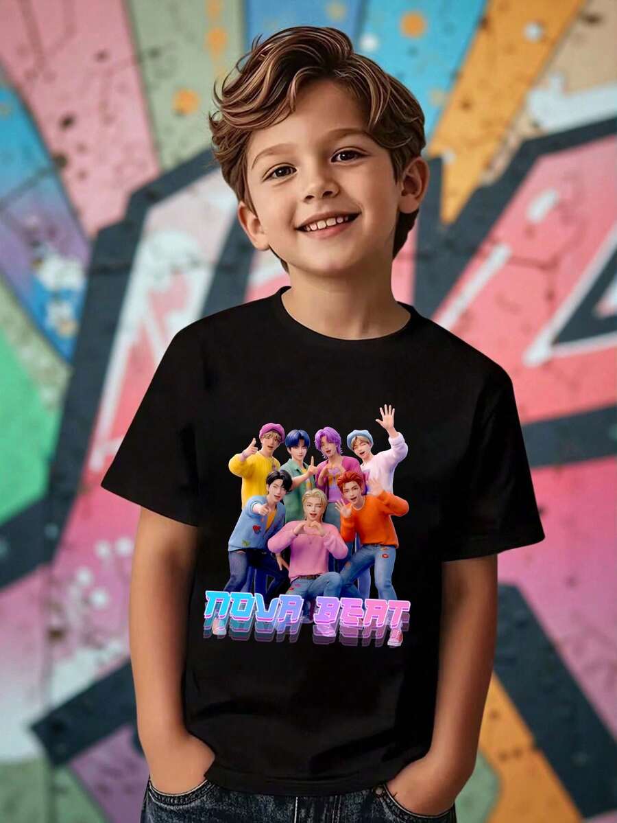 Young Boy Casual Person Graphic Print Short Sleeve T-Shirt, Summer - Black - View 1