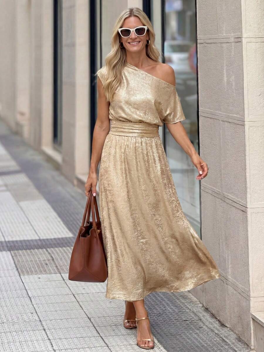 Solivie 女士优雅印花圆领短袖衬衫套装（2件套）搭配刺绣网纱弹力腰半身裙 - 金色 - 查看 1