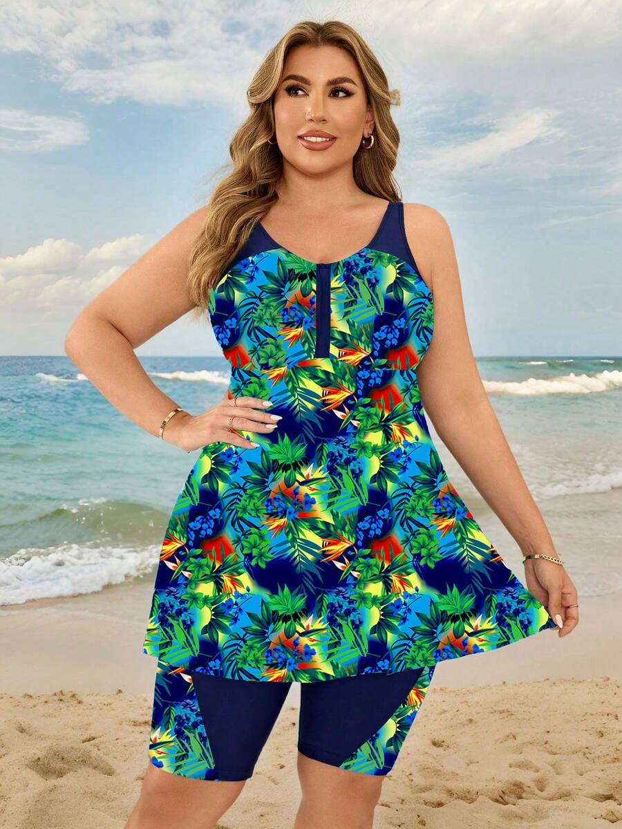 Swim Lushoire 2026新款加大码女士扎染印花吊带泳衣套装，沙滩度假加大码吊带泳衣，加大码短裤吊带泳衣，热带风情加大码连衣裙，加大码夏威夷连衣裙，加大码泳装连衣裙 - 彩色 - 查看 1