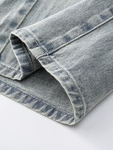 SHEIN Tween Girls' Casual Daily Urban Street Preppy Light Wash Gothic Dark Cross Print Denim Bermuda Shorts, Elastic Waist, Button Closure - Blue - View 7