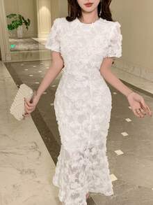 DAZY Đầm dài ngang gối, đầm dài ren hoa 3D kiểu Pháp độc đáo dành cho nữ, đầm maxi, đầm mùa hè. - trắng - Xem 8