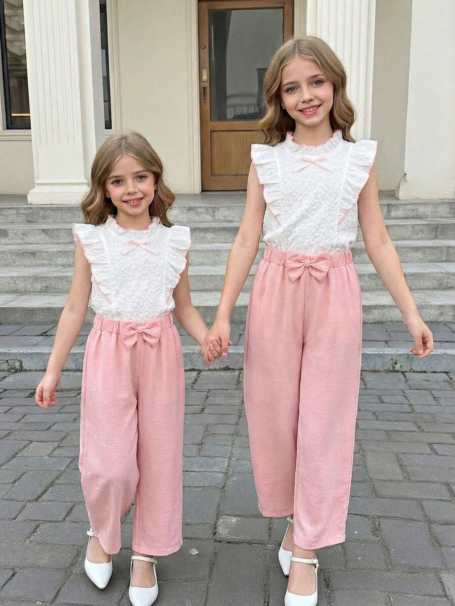 Elladie kids 2件套 女童夏季新款荷叶边领口短袖蝴蝶结前襟休闲衬衫搭配直筒亚麻质感长裤套装，甜美时尚 - 粉色 - 查看 1