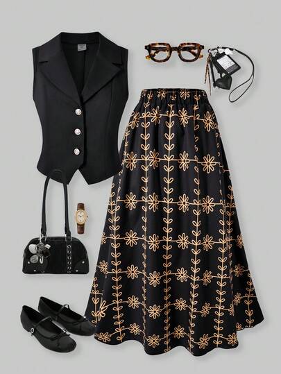 SHEIN Casuvi Kids Teen Girls 2-Piece Set: Vintage American Floral Print A-Line Skirt Paired With Solid Lapel Sleeveless Vest, Casual Retro Style Suitable For Daily Wear, All Seasons