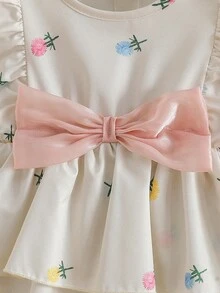 Souflis Souflis 1件女童优雅杏色数码印花面料短袖粉色大蝴蝶结蛋糕裙，适合婚礼季、夏季假期和旅行，少女正式礼服 - 杏色 - 查看 5