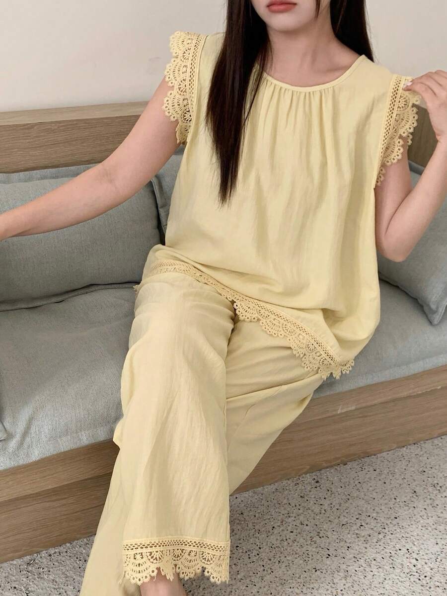 Dazy Plus 2pcs Cute Homewear Set, Solid Color Loose Sleeveless Top And Long Pants, Spring/Summer Pajamas - Yellow - View 1