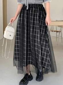 Dazy Plus 撞色拼接网纱格纹弹力腰A字长款休闲大码女裙，春夏款 - 黑色 - 查看 4