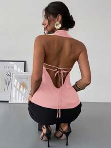 Firerie 全新春夏经典优雅通勤复古现代不对称领无袖露背蝴蝶结装饰修身黑色办公室衬衫 - 粉色 - 查看 4