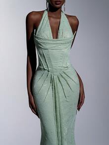 Elitara Elegant Mint Green Lace Halter Mermaid Tail Formal Evening Gown - Mint Green - View 2