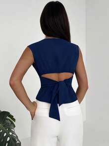 Aloruh 女士休闲纯色无袖衬衫 - 藏蓝色 - 查看 4