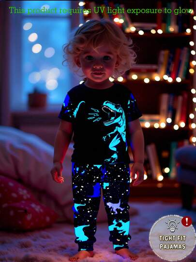 1 Set Pijama de manga corta ajustado con estampado de dinosaurio que brilla en la oscuridad para niño pequeño, primavera/verano