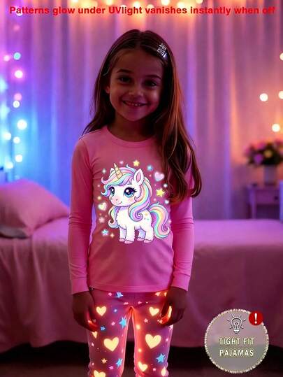一套女童夜光独角兽印花针织长袖上衣和心形星星印花打底裤睡衣套装，柔软舒适，秋季款