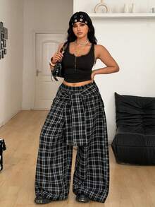 Coolane 女士大码春夏外出街头风格子编织系带阔腿宽松休闲裤格子裤方格裤 - 黑與白 - 查看 4