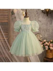 少女优雅可爱串珠网纱泡泡袖迷你连衣裙，适合生日派对 - 彩色 - 查看 7