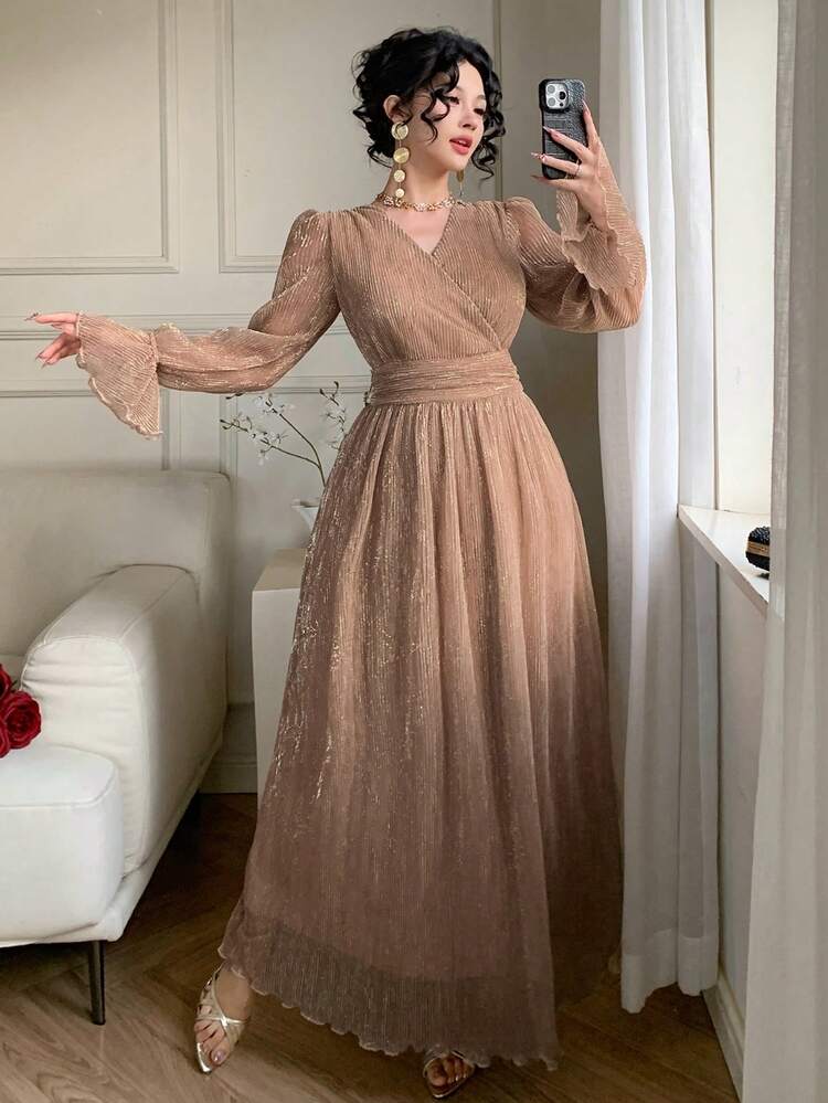 Spring & Summer Gold Shiny Organza V-Neck Waist Cinched Ruffle Hem Cocktail Dress, Elegant For Valentine's Day, Wedding, Party, Formal Occasion Sundress