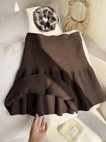 Comfortcana Falda de punto de unicolor informal de talla grande - Marrón - Ver 8