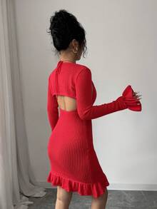 Rafferiza Women's Halter Tie-Up Backless Knitted Dress And Ruffle Cuff Knitted Cardigan Fashion Party Outfit