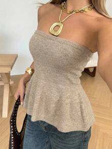 SHEIN EZwear 女士休闲纯色抹胸针织衫，夏季 - 卡其色 - 查看 4