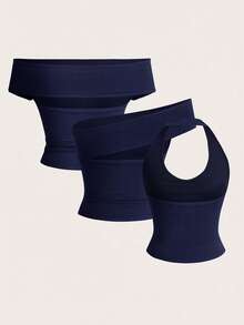 Tseoso 95% Cotton Navy Blue Women's Versatile Fitted Top, 3 Ways To Wear - Navy Blue - View 2