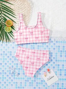 SHEIN Young Girls' Sweet Bow Plaid Pattern Casual Camisole & Briefs Swimwear Set, Suitable For Summer Vacation, Hot Spring, Beach, Beachwear - Multicolor - View 2