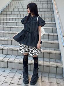 FRIFUL Women's Ruffle Sleeve Tie Front Denim Blouse - Dark Grey - View 2