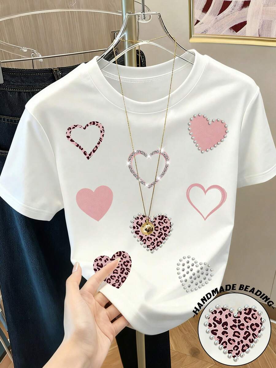 Resyla Áo thun nữ tay ngắn cổ tròn in hình trái tim kỹ thuật số - trắng - Xem 1