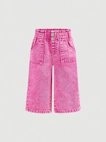 SHEIN 女婴夏季休闲日常通勤时尚街头风纸袋腰侧口袋阔腿牛仔裤 - 粉色 - 查看 1