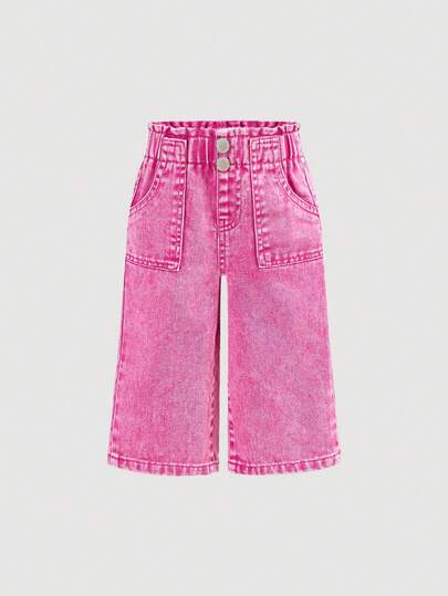 SHEIN Quần jeans ống rộng cạp chun kiểu túi giấy, túi hai bên, thích hợp cho bé gái mùa hè, phong cách thường ngày năng động, đi làm.