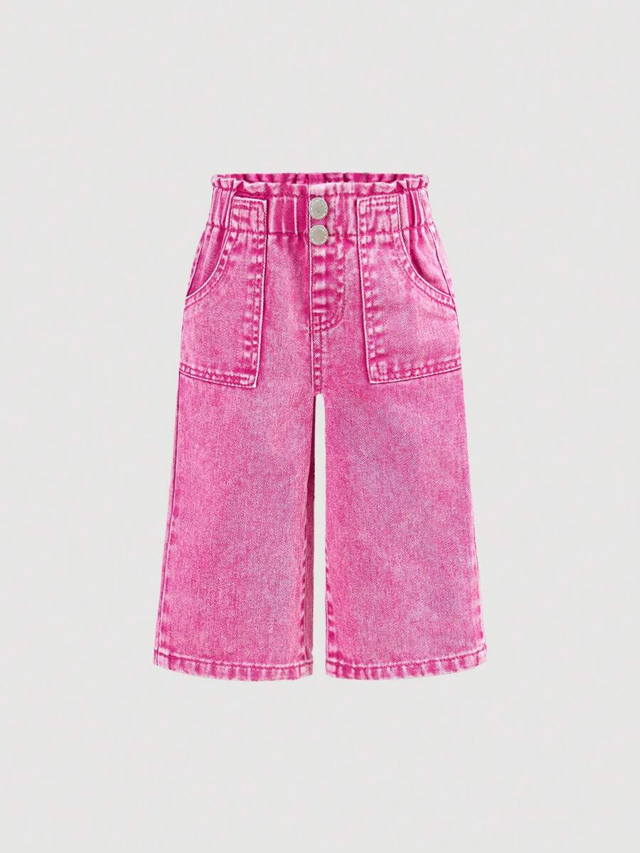 SHEIN 女婴夏季休闲日常通勤时尚街头风纸袋腰侧口袋阔腿牛仔裤 - 粉色 - 查看 1