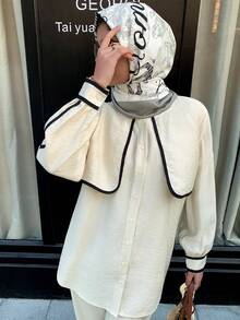 Solavon 女士休闲通勤撞色滚边衬衫和裤子两件套 - 杏色 - 查看 7