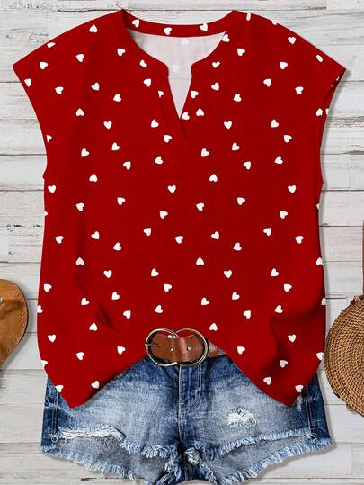 EMERY ROSE Plusstorlek Casual hjärtmönsterskjorta, lämplig för sommaren, perfekt present till lärare Eleganta blusar för kvinnor i höst/vinter