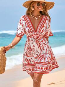 Swim Vcay Damen V-Ausschnitt tailliertes Kurzarm Kleid mit Muster, Strandüberwurf, Frühling/Sommer - Rot - Übersicht 6