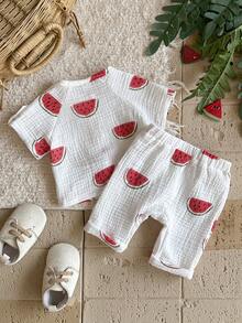 Vintaside Kids Bộ 2 món cho bé sơ sinh, họa tiết dưa hấu và trái cây dễ thương, phong cách đồng quê, chất liệu vải crepe hai lớp mềm mại, thoải mái cho mùa xuân/hè. - trắng - Xem 2