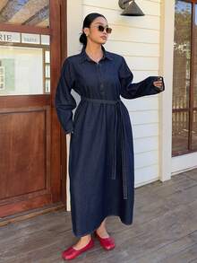 Dazy Plus Fashionable Casual Loose Retro Denim Dress, Turndown Collar Half-Open Front A-Line Slimming Long Denim Dress, Spring/Autumn - Dark Wash - View 7