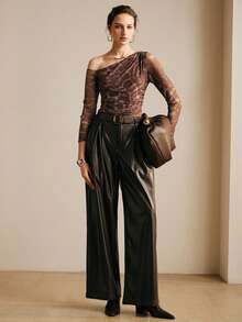 Arave 女士时尚豹纹网纱透视露肩长袖连体衣 - 棕色 - 查看 3