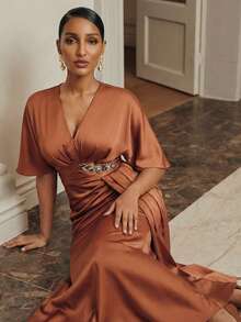 Anewsta Women's Elegant Party Summer Rusty Orange V-Neck Batwing Sleeve Dress,Waist Ruched Rhinestone Decor Cinched Satin Mermaid Hem Valentine's Day Dress - Redwood - View 6