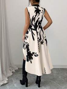 Elenzga Áo sơ mi hở trước màu tương phản, họa tiết hoa đen, viền bất đối xứng, dáng chữ A, cắt ngẫu nhiên, phong cách Pháp thanh lịch, phù hợp mặc đi làm và đi chơi - Màu be - Xem 2