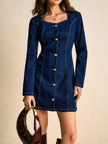 Poéselle New Vintage Stylish Button Waist Denim Dress, Long Sleeve Dress, Winter Dress For Women - Dark Wash - View 7