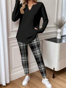 SHEIN LUNE 2pcs/Set Kaos Lengan Panjang Motif Kotak-kotak dan Legging Ukuran Besar untuk Wanita, Musim Gugur/Dingin - MultiWarna - View 5
